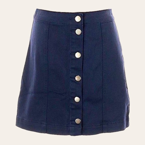 🌺 Boohoo Blue Button Through Front Navy Denim Mini Skirt Size 4 NWT - Picture 1 of 8